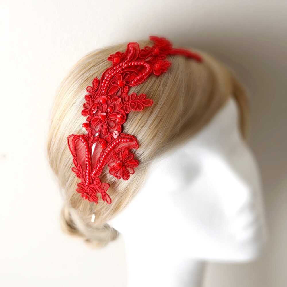 Red Pearl Beaded Lace Headband Bridal Hair Accessory