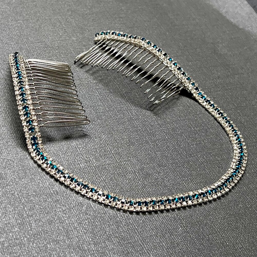 Blue Rhinestone Wedding Headband, Silver Hair Comb Tiara