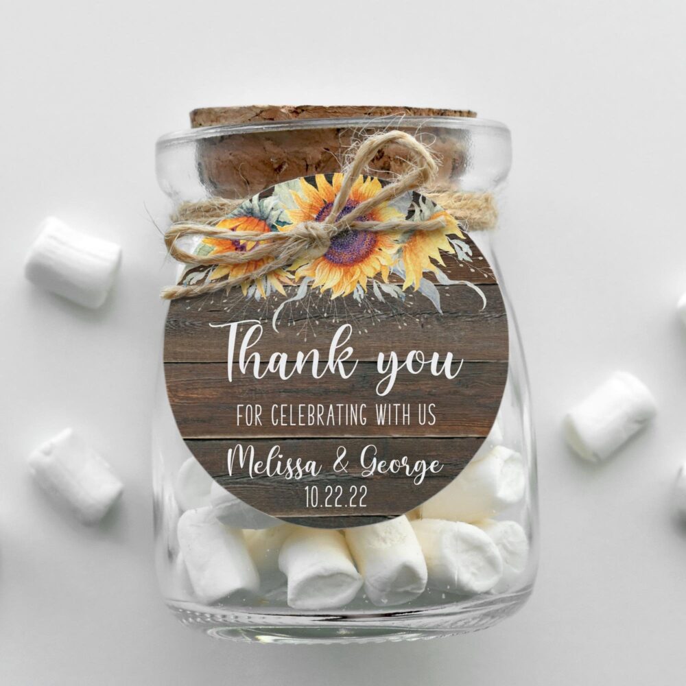 Vintage Sunflower Wedding Favor Tag, Rustic Country Thank You Label, Brown Wood Background, Personalized