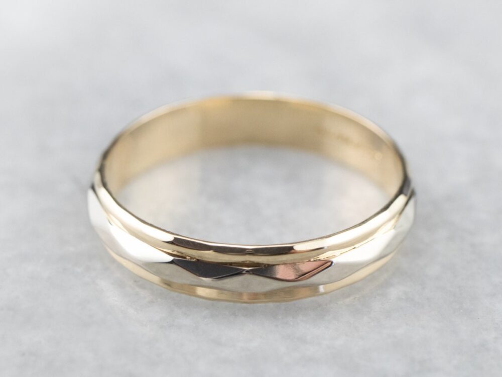 14K Two-Tone Gold Faceted Art Carved Wedding Band