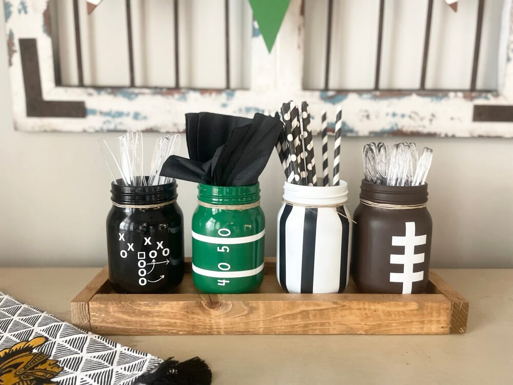 Football Party Decor For Bowl Tailgate Idea The Big Game Football Centerpiece Mason Jar Sport Birthday