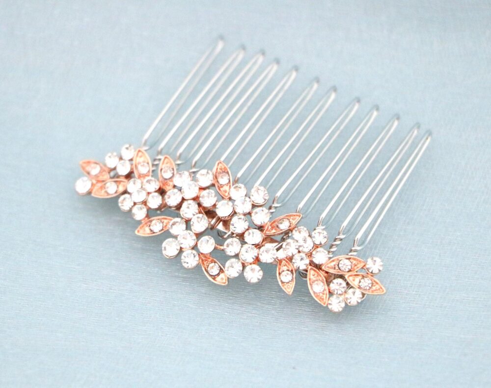 Wedding Hair Comb, Crystal Flower Bridal Hairpiece Rose Gold Hair Clip Bridesmaid Headpiece Rhinestone Comb