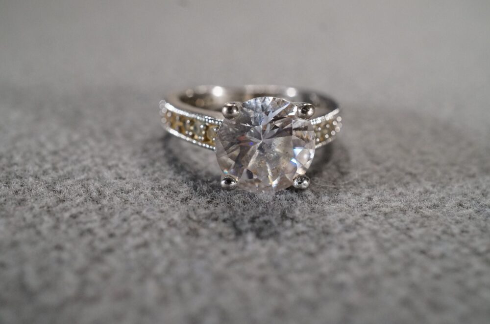 Vintage Sterling Silver Wedding Band Engagement Stacker Design Ring 23 Round Prong Set White Topaz Art Deco Style, Size 6.5