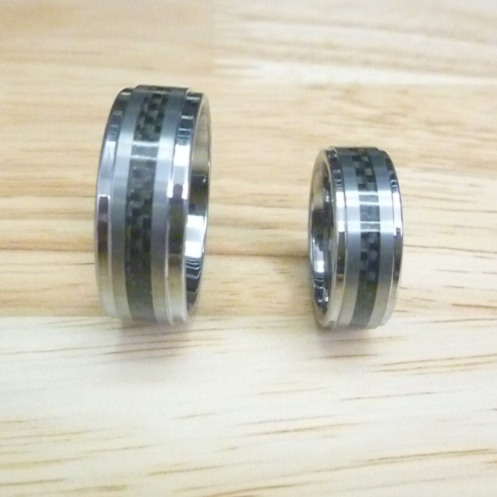 Custom Laser Engraving Ring - 8mm/6mm Tungsten Carbide Step Edge With Black Carbon Fiver Inlay Wedding Band Set Gift For Her & Him