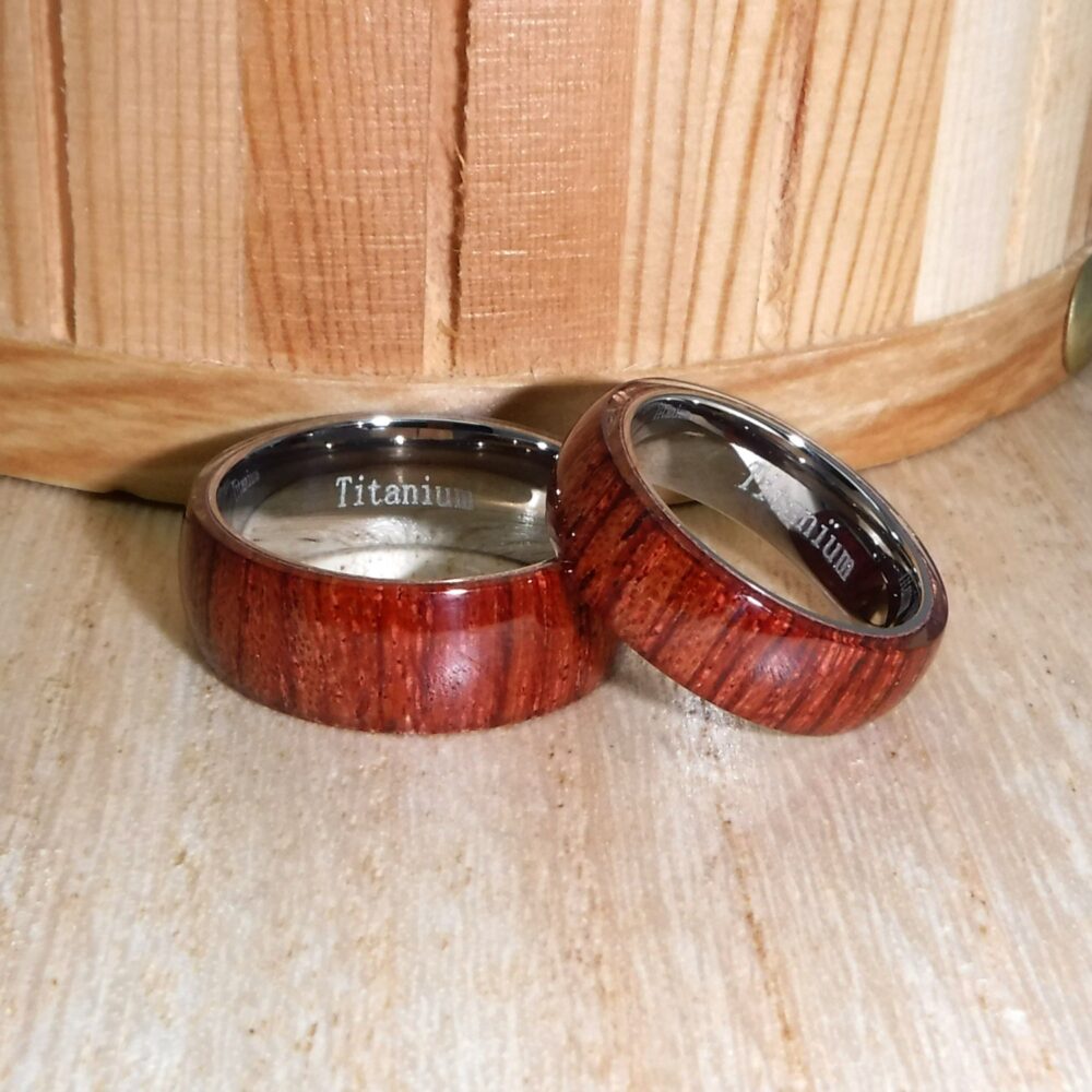 Custom Laser Engraving Ring - 8mm/6mm Titanium Brown Hawaiian Koa Wood Inlay Domed Shape Wedding Band Set Gift For Her & Him