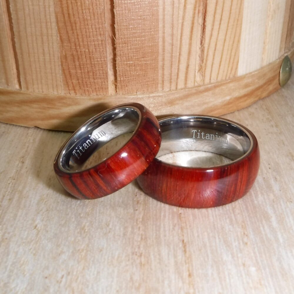 Custom Laser Engraving Ring - 8mm/6mm Titanium Cherry Light Brown Hawaiian Koa Wood Inlay Domed Shape Wedding Set Gift For Her & Him