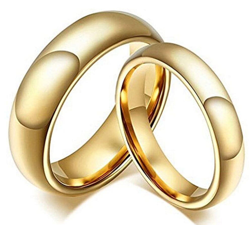 8mm & 6mm His & Hers Rings, Polished Couple Promise Bands Dainty Jewelry, Custom Engraved Tungsten Gold Wedding Band Set