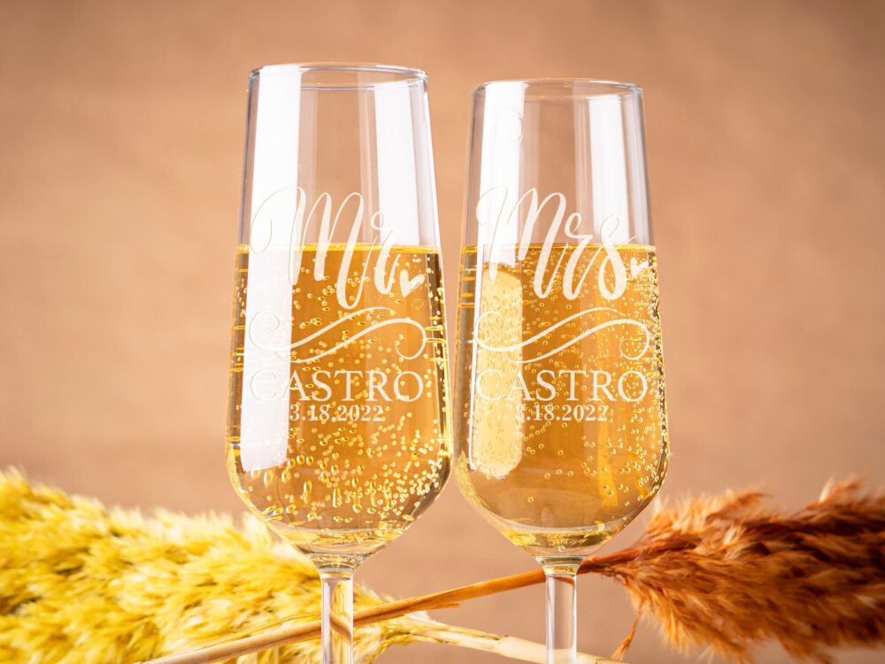 Set Of 2, Mr. Mrs. Wedding Champagne Flutes, Personalized Flute Favors, Custom Bride & Groom Glasses