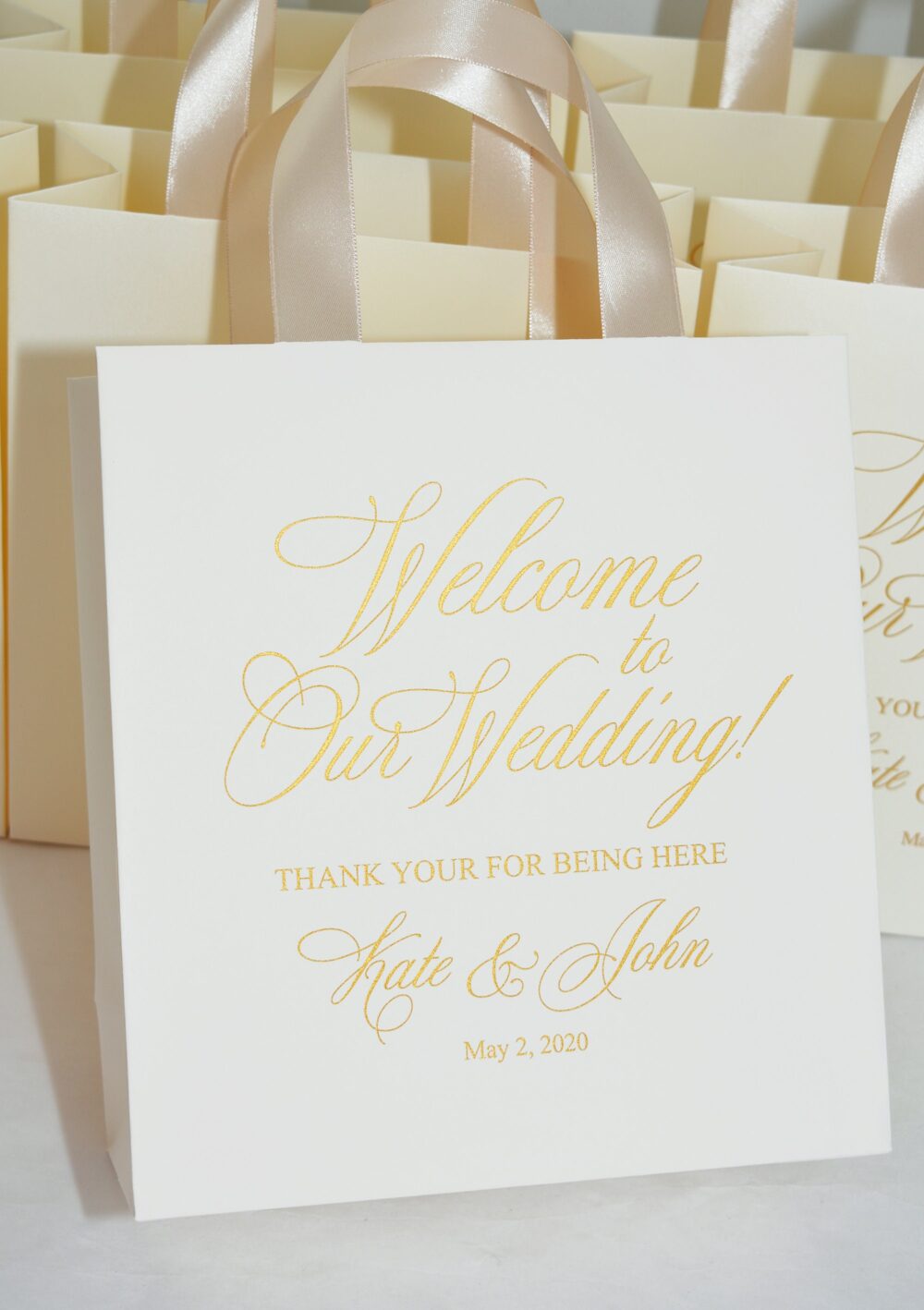 25 Ivory & Champagne Wedding Welcome Bags, Elegant Gold Personalized Bag With Satin Ribbon Handles & Your Names. Chic Favors For Guests