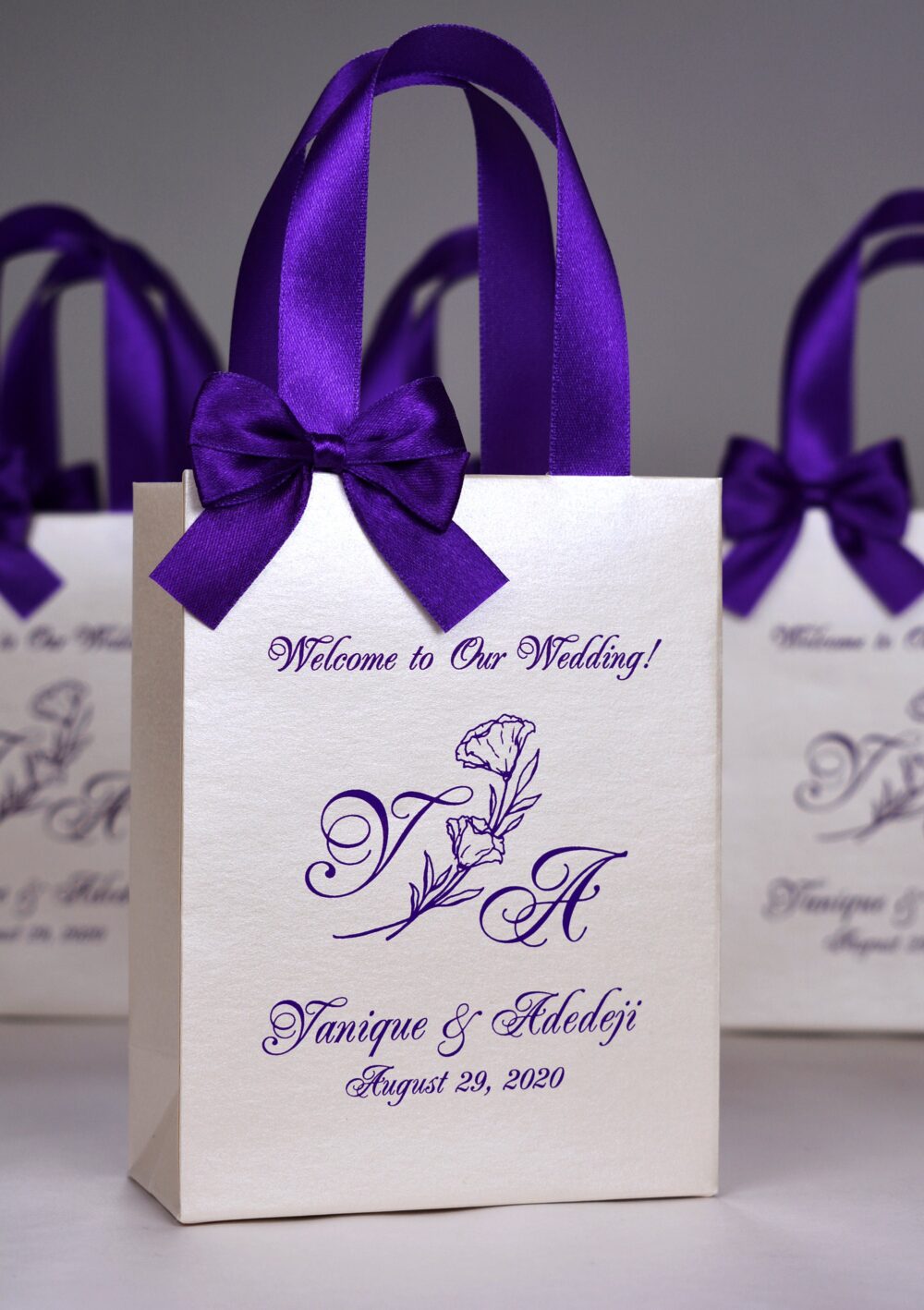 30 Purple & Champagne Wedding Welcome Bags With Satin Ribbon Handles, Bow & Names, Elegant Monogram Wedding Party Favor Bag For Guests