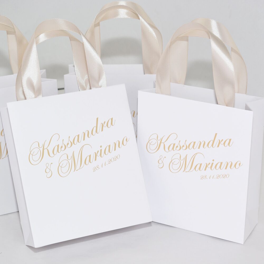 20 Champagne Wedding Welcome Bags With Satin Ribbon Handles & Your Names, Elegant Personalized Wedding Favors Gifts For Guests