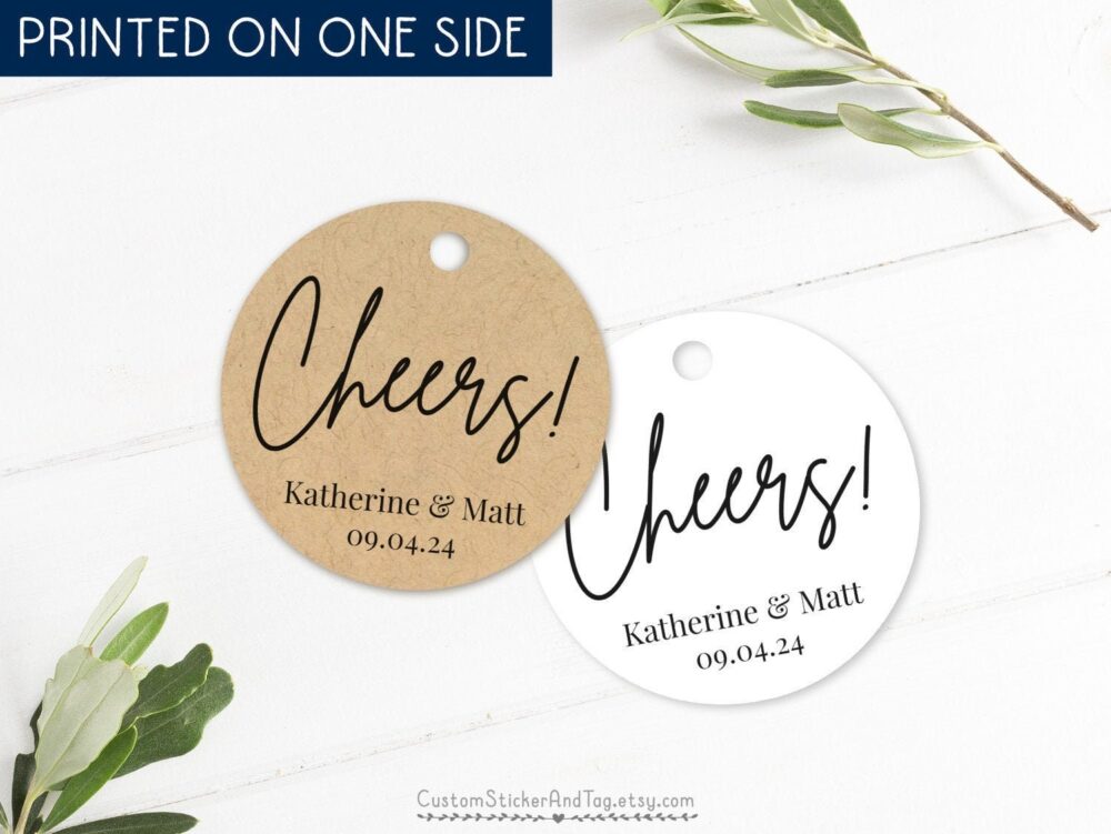 Cheers Round Wedding Tags For Wine & Champagne Bottles, Minimal Stationery T-187