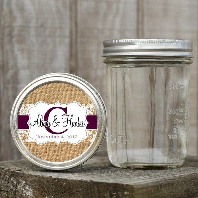 Monogram Burlap & Lace Wedding Favor Labels - Personalized Jar Lid Stickers