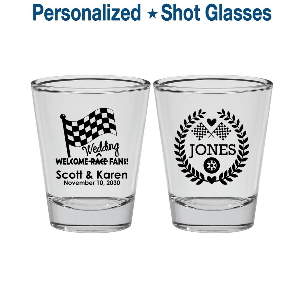Welcome Wedding Race Fans, Favor Glassware, Racing Flags, Checkered Flag, Car Shot Glasses, Custom Glasses | 589