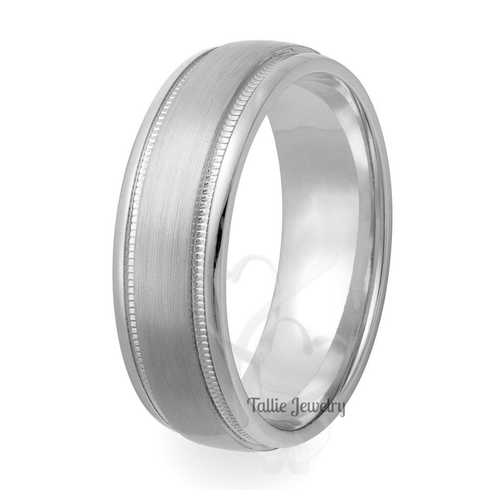 Mens Platinum Wedding Bands, Rings, 7mm Milgrain Satin Finish Band, Ring