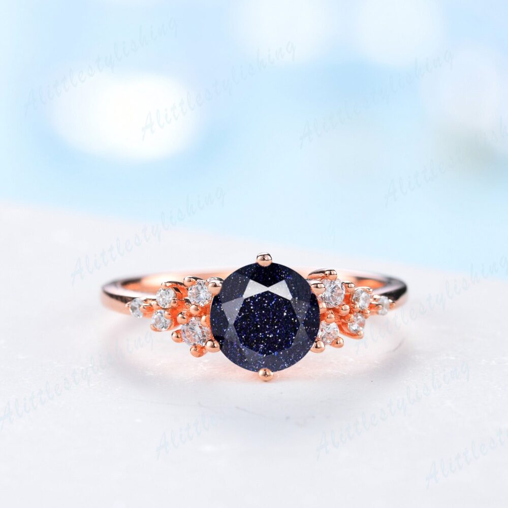 Round Blue Sandstone Engagement Ring 14K Gold Art Deco Vintage Moissanite Cluster Anniversary Jewelry Promise Gift For Her