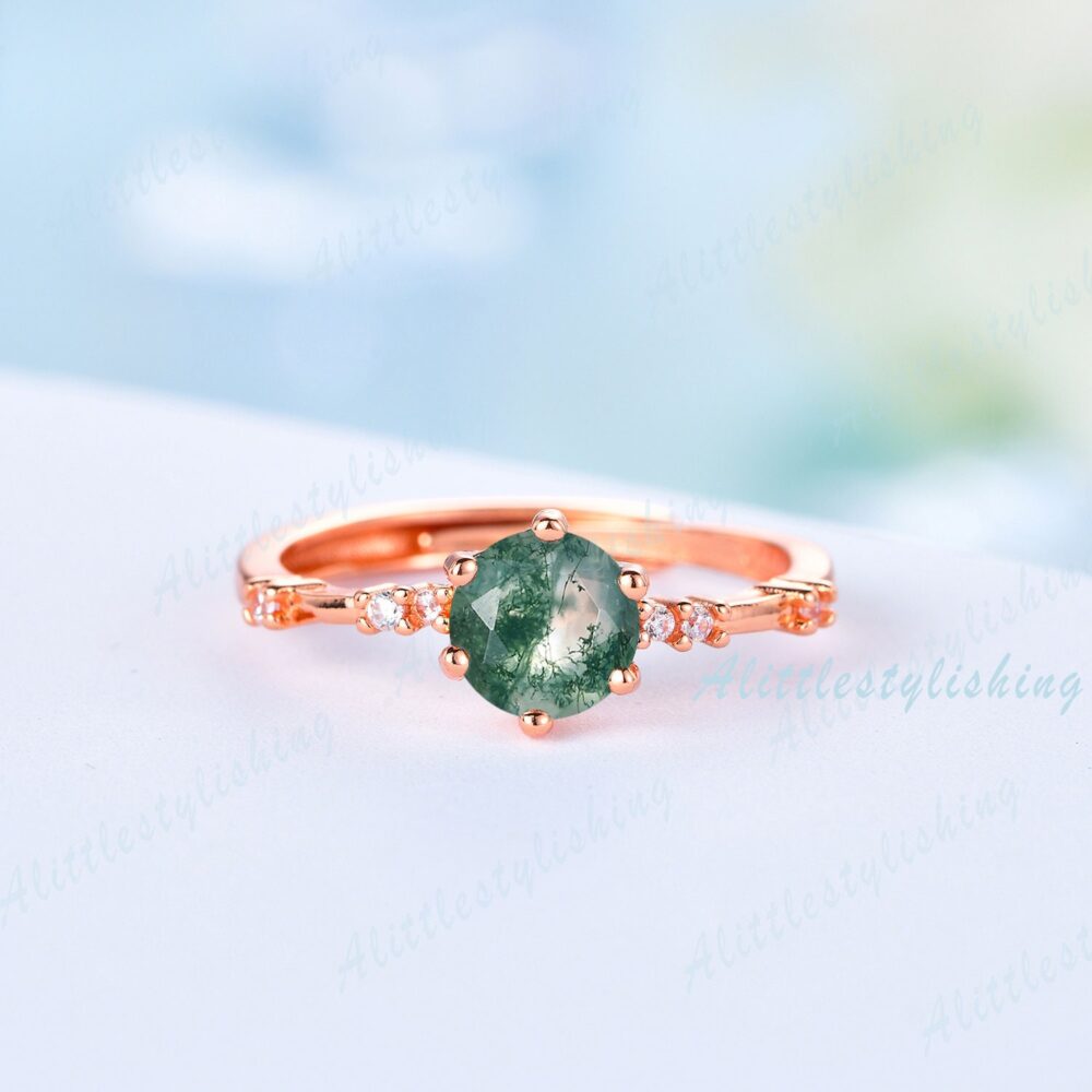 Rose Gold Moss Agate Engagement Ring, Green Art Deco Vintage Woman Dainty Bridal Promise Ring Anniversary Gift For Her