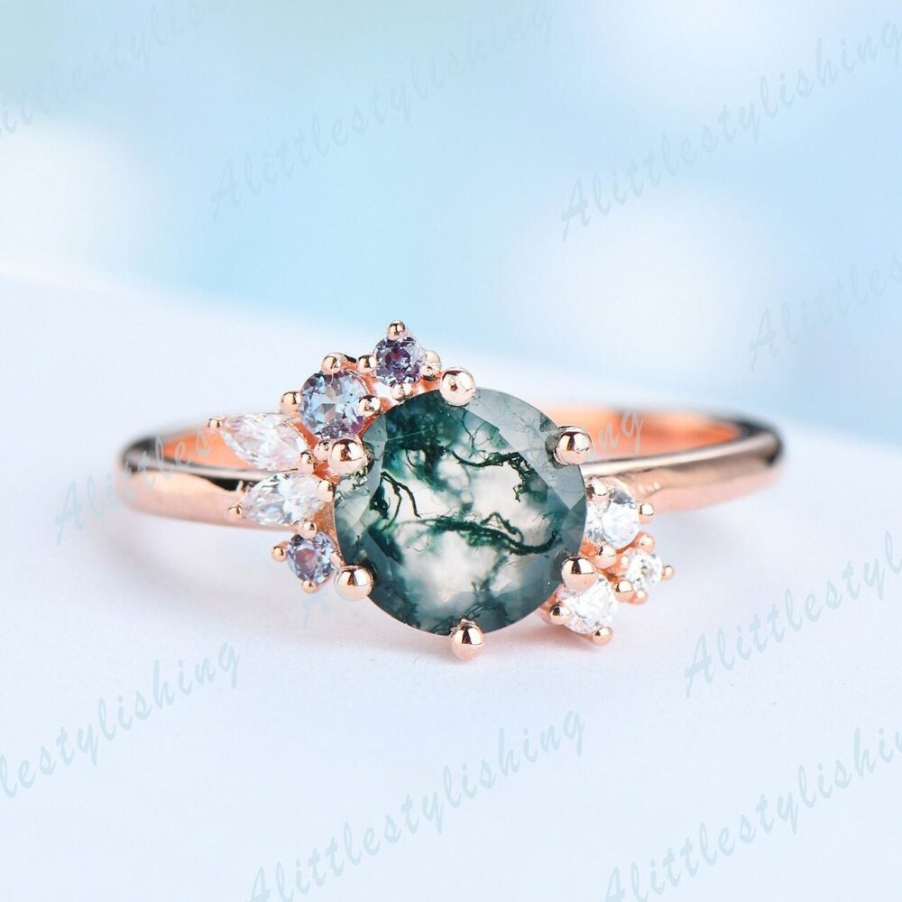 Natural Moss Agate Engagement Ring Alexandrite Promise Healing Gemstone Gift For Women Art Deco Moissanite Wedding Band