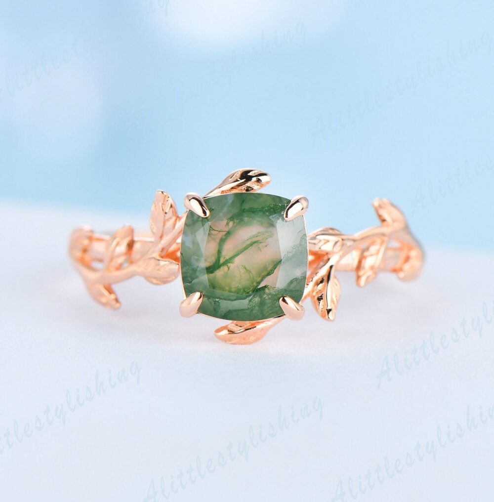 Green Agate Engagement Ring Aquatic Promise Cushion Cut Vintage Leaf Rose Gold Wedding Healing Gemstone Gift For Women