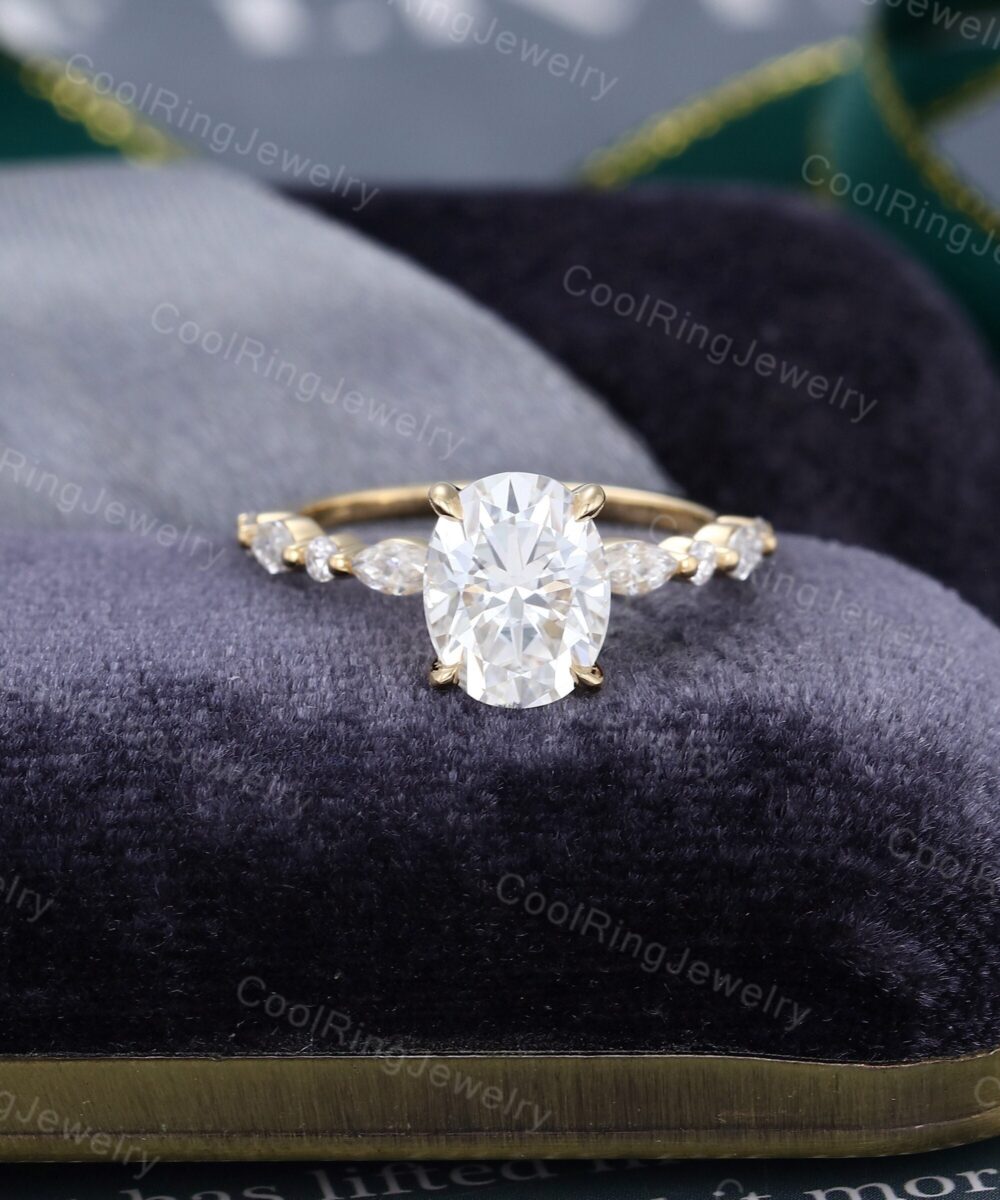 Oval Moissanite Engagement Ring Vintage Yellow Gold Half Eternity Solid 14K Marquise Cut Bridal Promise Gift For Women