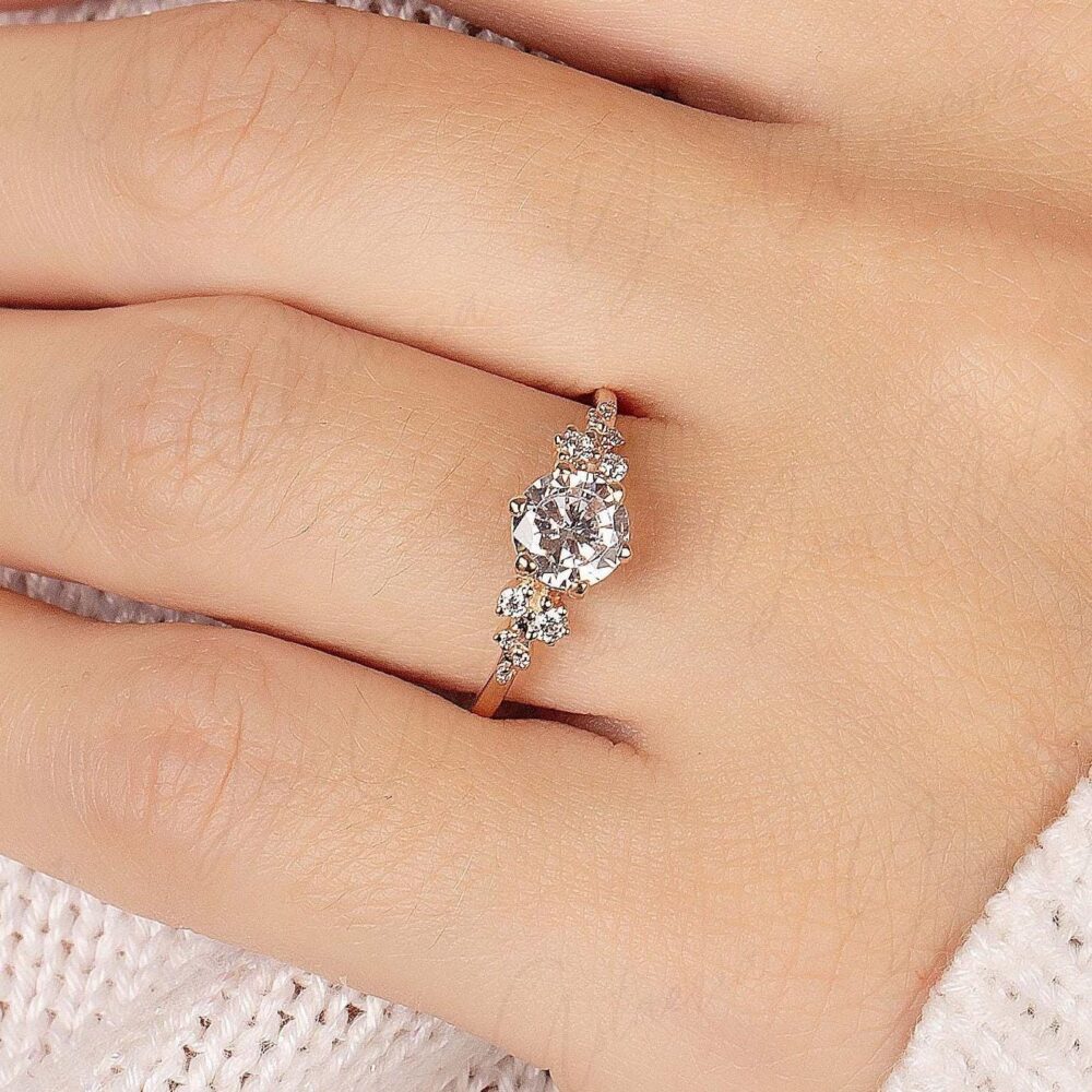 Rose Gold Cluster Engagement Ring, Women Ring Gold, Anniversary Unique Promise Art Deco Wedding Gift For Her
