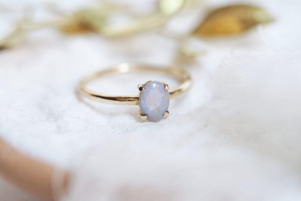 Opal Fire Solitaire Yellow Gold, Boho Style Engagement Ring Opal, Dainty Opal Anniversary Gift For Her, Ring White