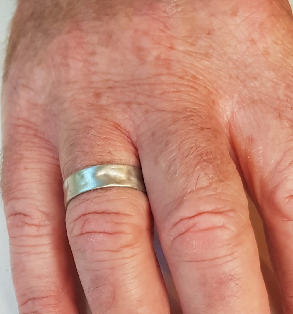 Men's White Gold Wedding Band, 14K Hammered Ring, Textured Organic 6mm Wide Unique Band