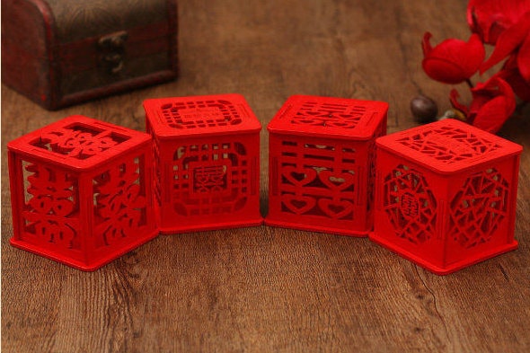 100 X Wood Wedding Favor Box - Double Happiness in Laser Cutout Chinese Red 4 Designs