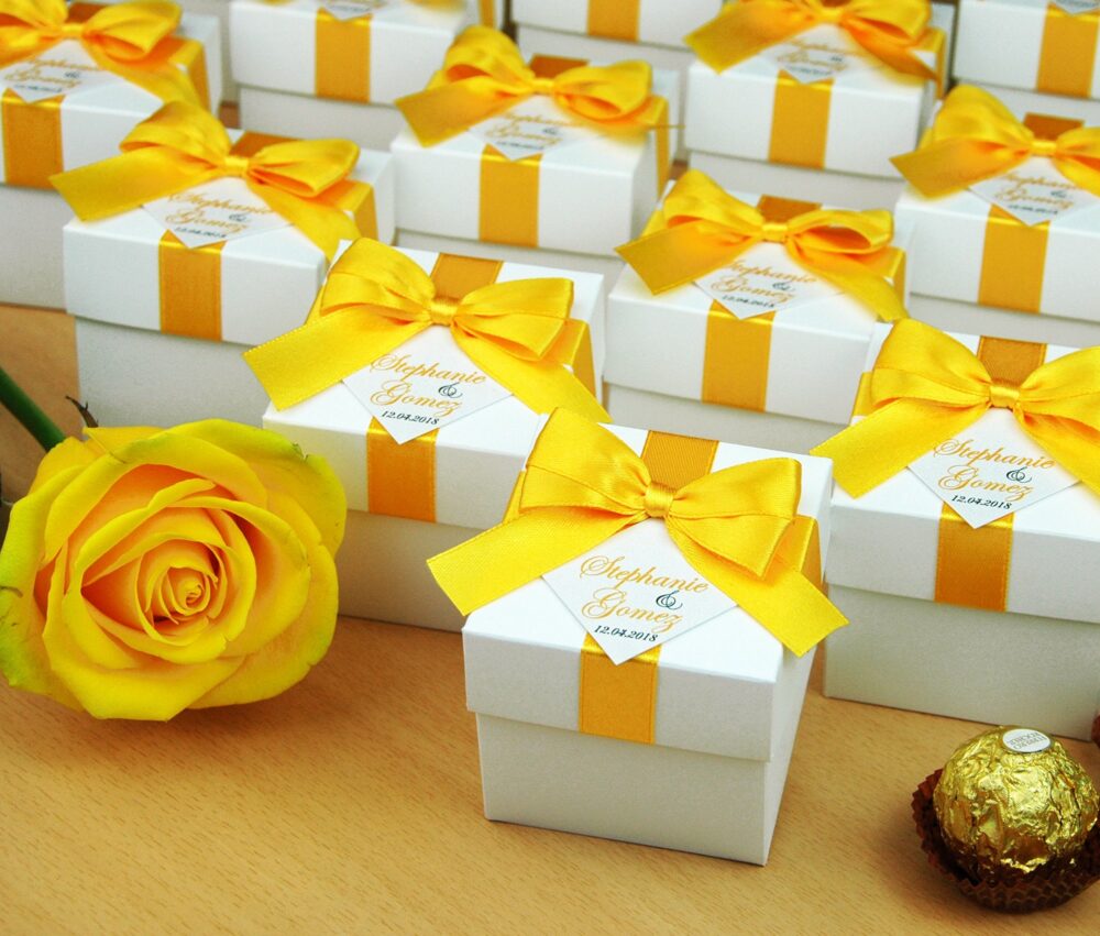 Elegant Wedding Bonbonniere, Yellow Personalized Wedding Favor Boxes With Satin Ribbon Bow & Custom Tag, Candy Box For Guests