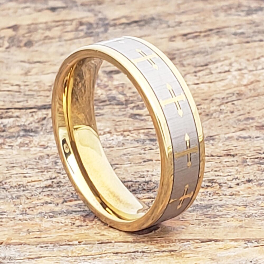 9mm Tungsten Mens Wedding Band, Cross Pattern, Personalized Ring