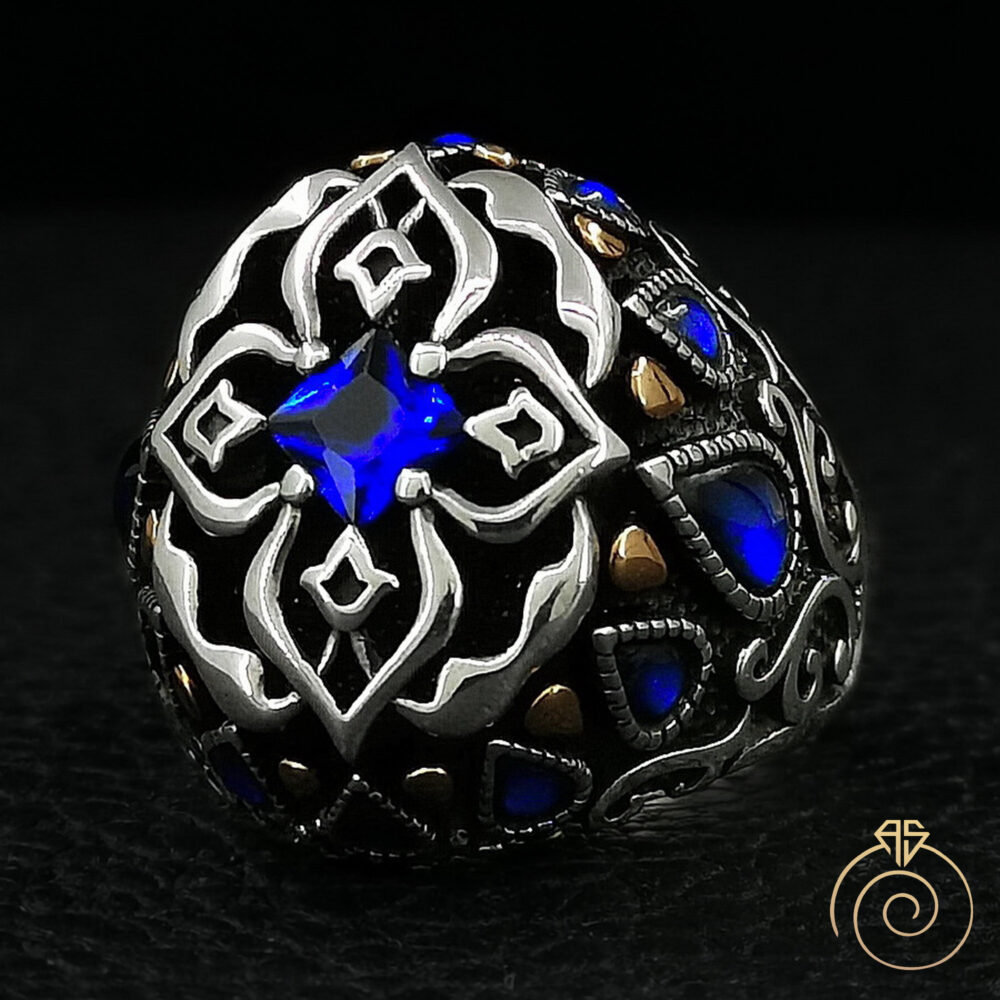 Mens Heraldic Pattern Ring, Roman Cross Design Jewelry, Carved Medieval Square Sapphire Stone Men Vintage Bands Antique Enamel