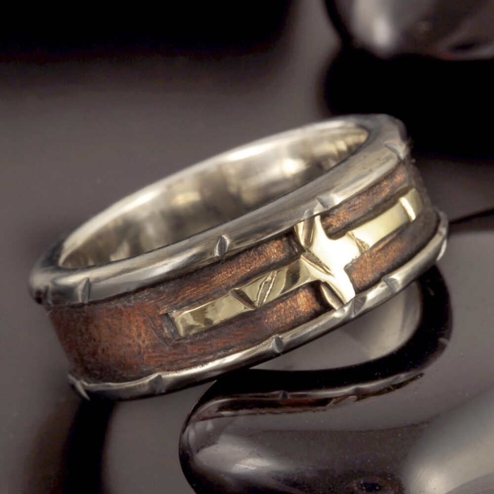 Mixed Metal Ring, Mens Wedding Band Sterling Silver & 14K Gold Cross Rs-1417-B