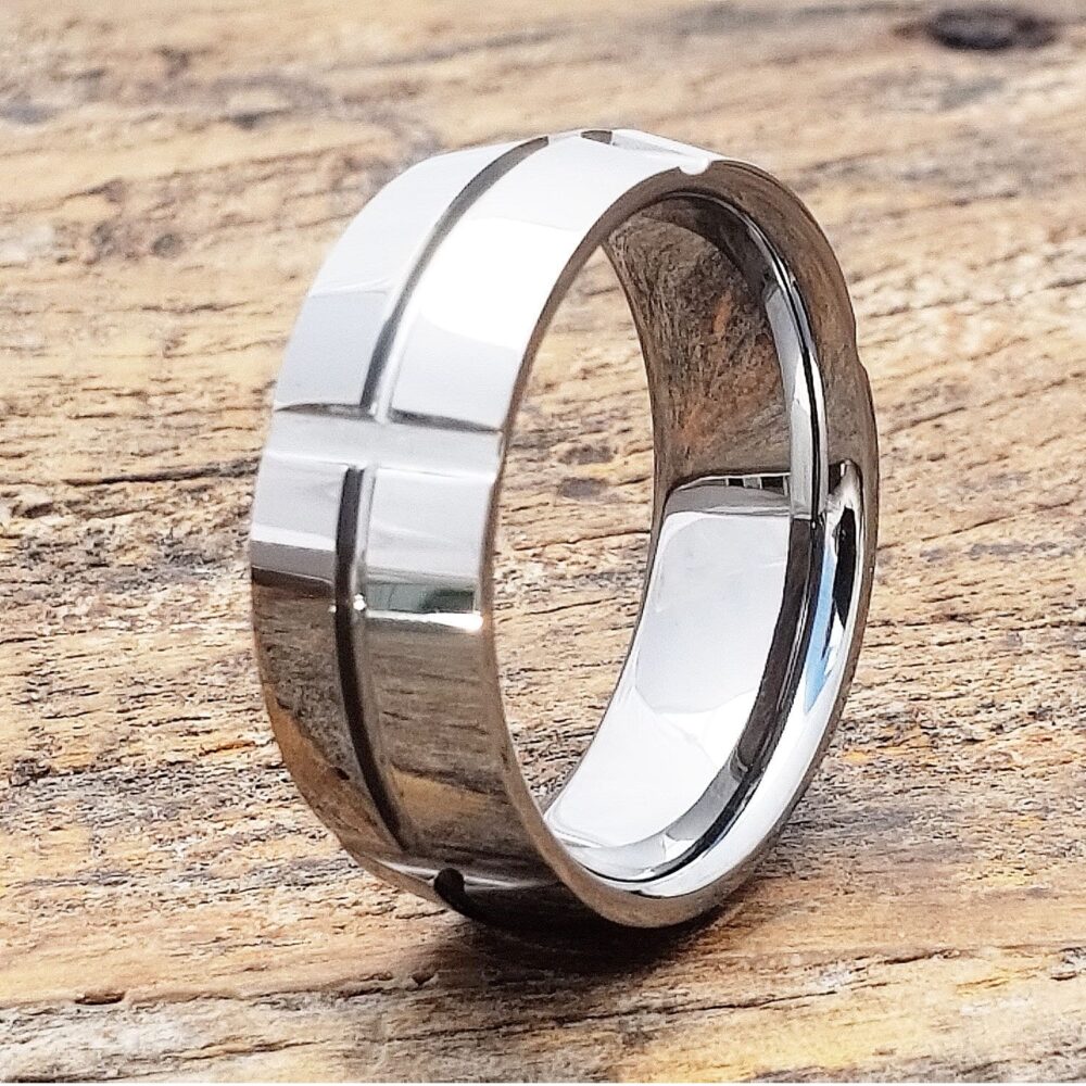 8mm Tungsten Ring, Mens Wedding Band, Grooved Sideways Cross Design