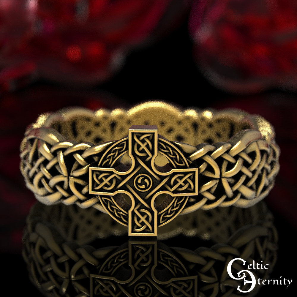 14K Celtic Cross Ring, Gold Mens Wedding Band, 10K Irish 18K Knotwork 1860