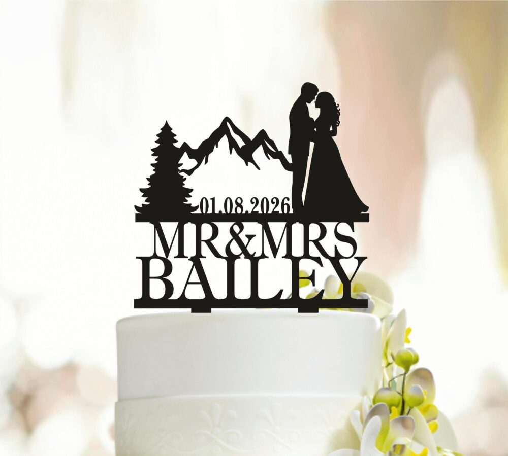 Mountain Wedding Cake Topper, Bride & Groom, Cake Topper With Date, Custom Cake Topper, Personalized Topper, Tree Toppera282