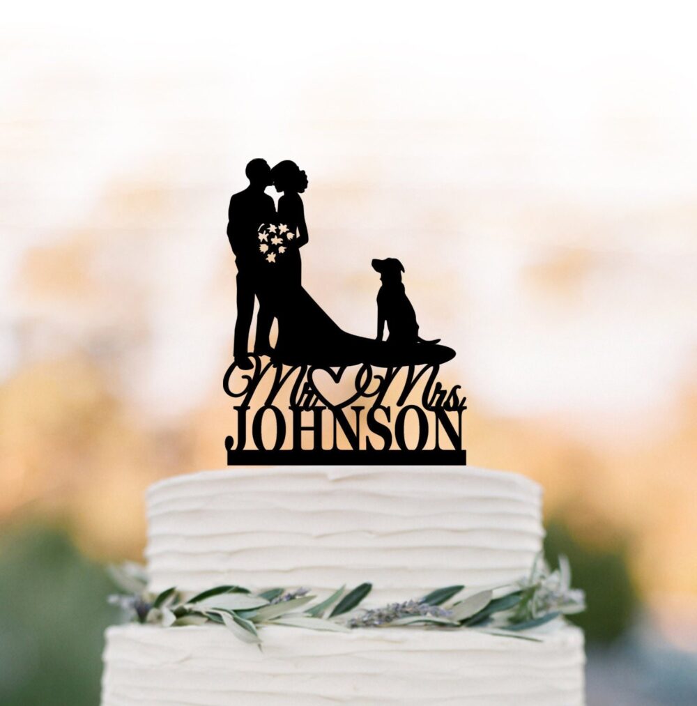 Custom Cake Topper For Wedding, Groom Kissing Brides Forehead Silhouette Wedding Cake With Dog, Funny Wedding Decor People