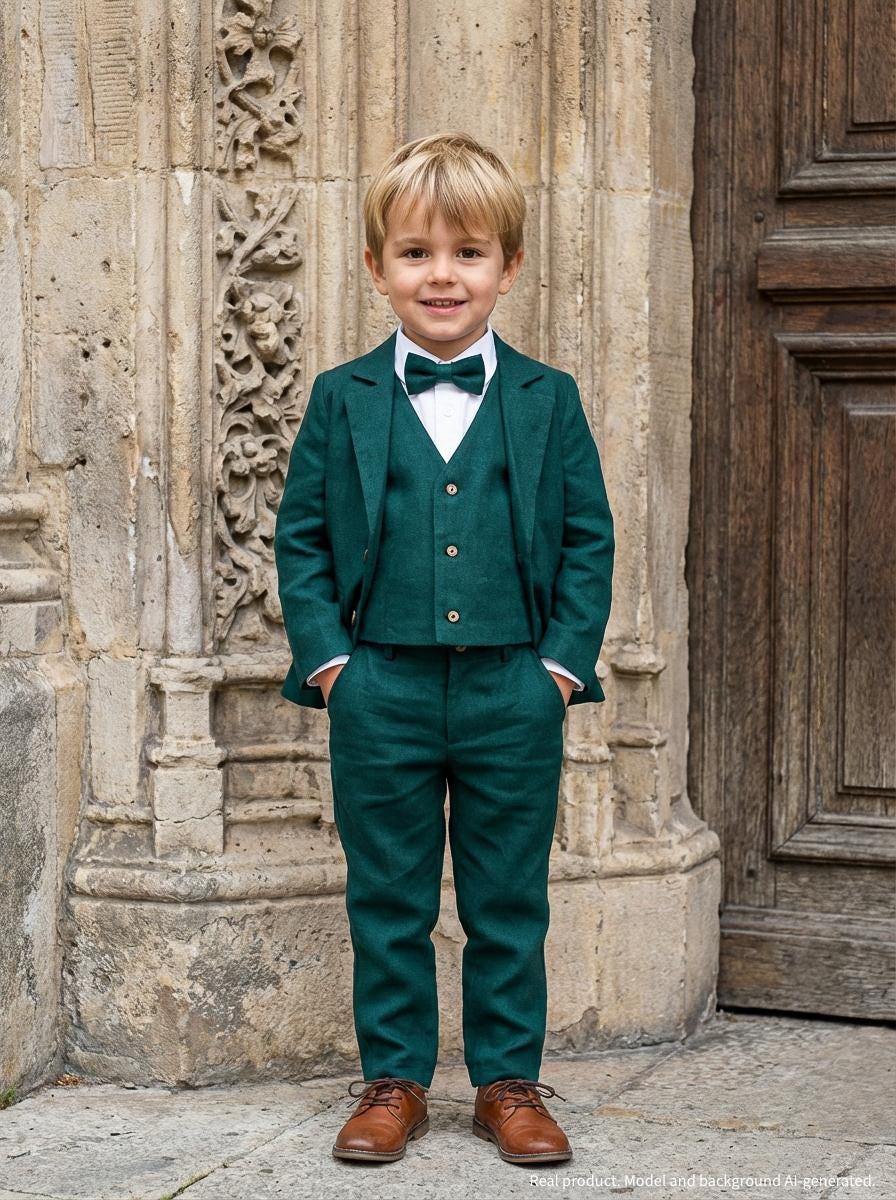 Boys Wedding Suit, Page Boy Outfit, Ring Bearer Suit - 4Pcs Emerald Green Linen Suit Blazer + Pants Shirt Bow Tie