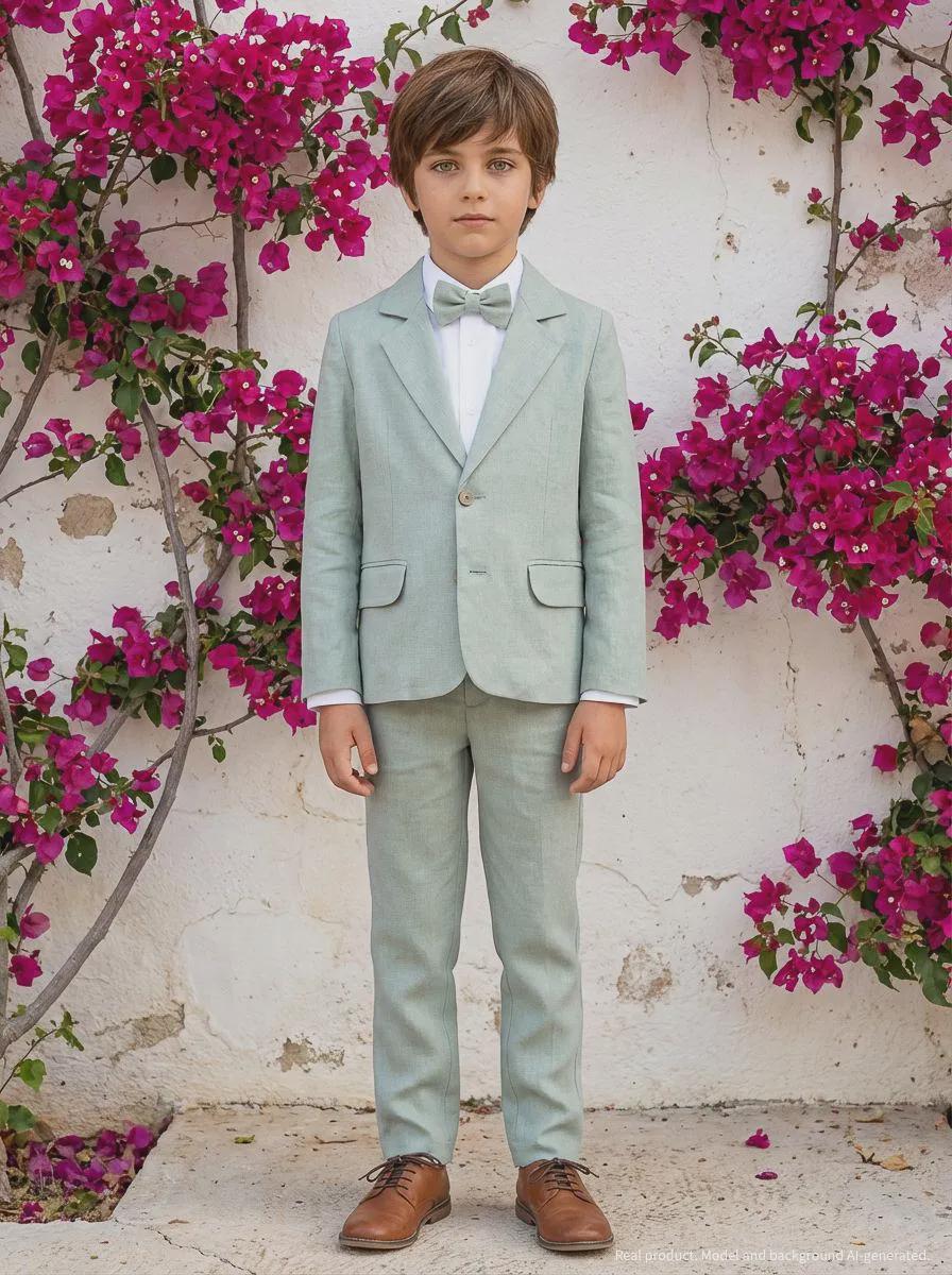 Boys' Ring Bearer Suit, Boys' Wedding Outfit, Communion Flower Boy Suit - 3Pce Eucalyptus Green Linen Outfit Pants+Shirt+Blazer