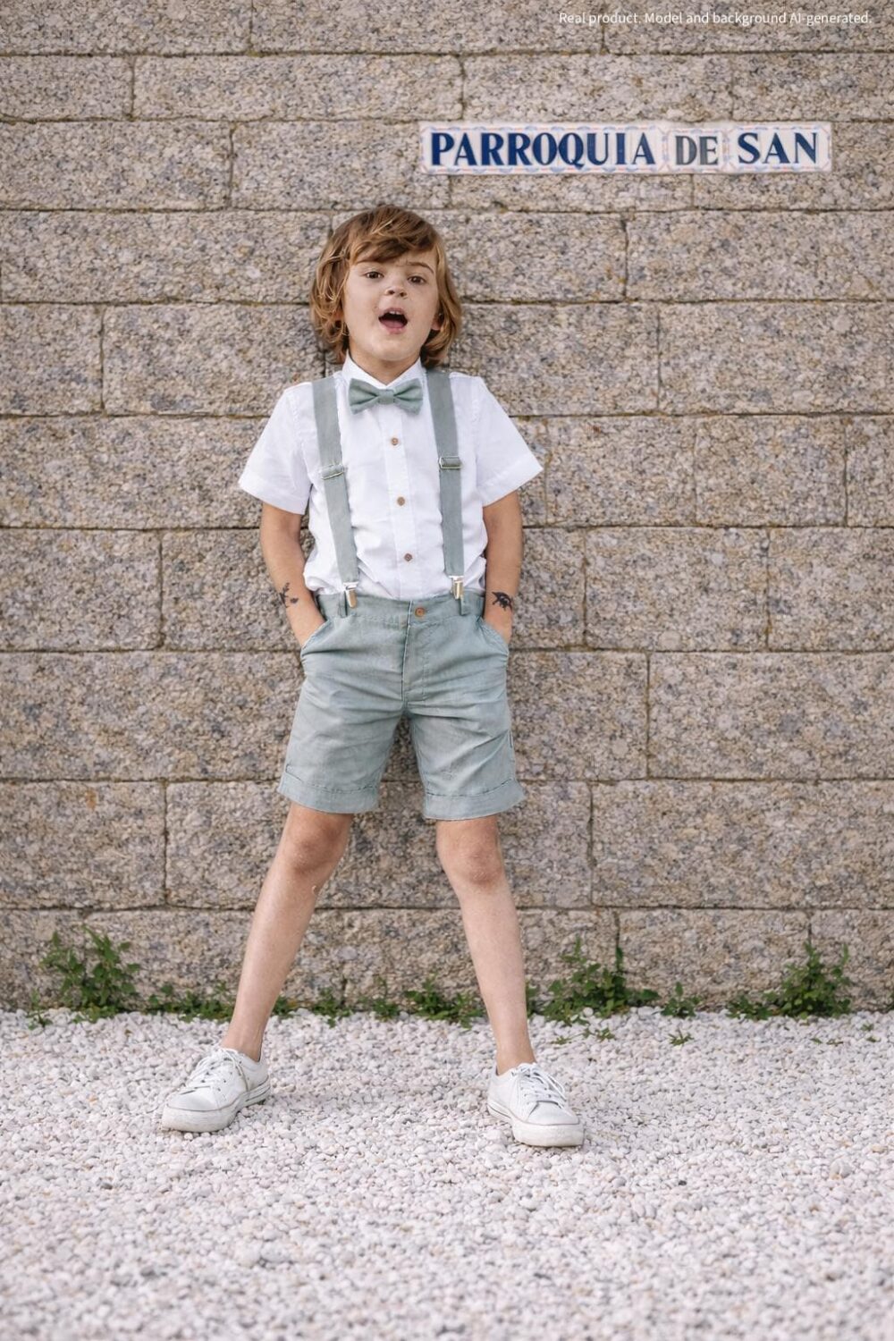 Boys' Wedding Outfit, Ring Bearer Suit, Flower Boy Boys' Suit - 4Pce Sage Green Linen Outfit Shorts + Suspenders Shirt Bow Tie
