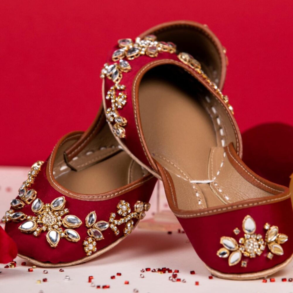 Red Satin Bridal Flats Kundan Rhinestone Embroidery, Handmade Jutti