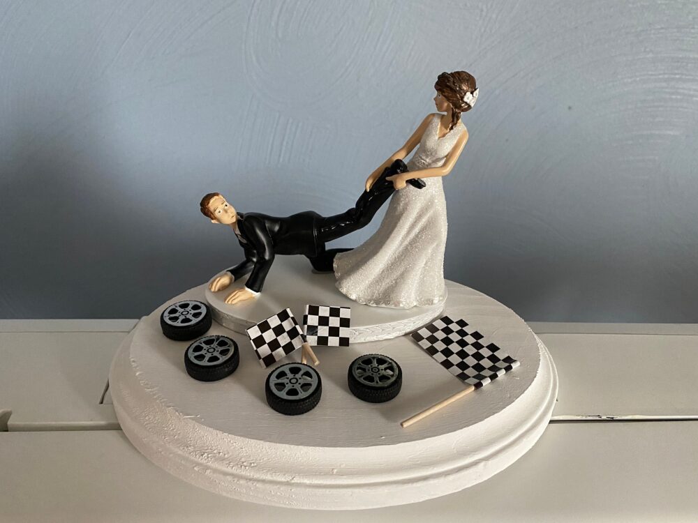 Race Car Drag Racing Flag Cake Topper Reception Wedding Day Bride Groom Funny Themed Hair Color Changed For Free