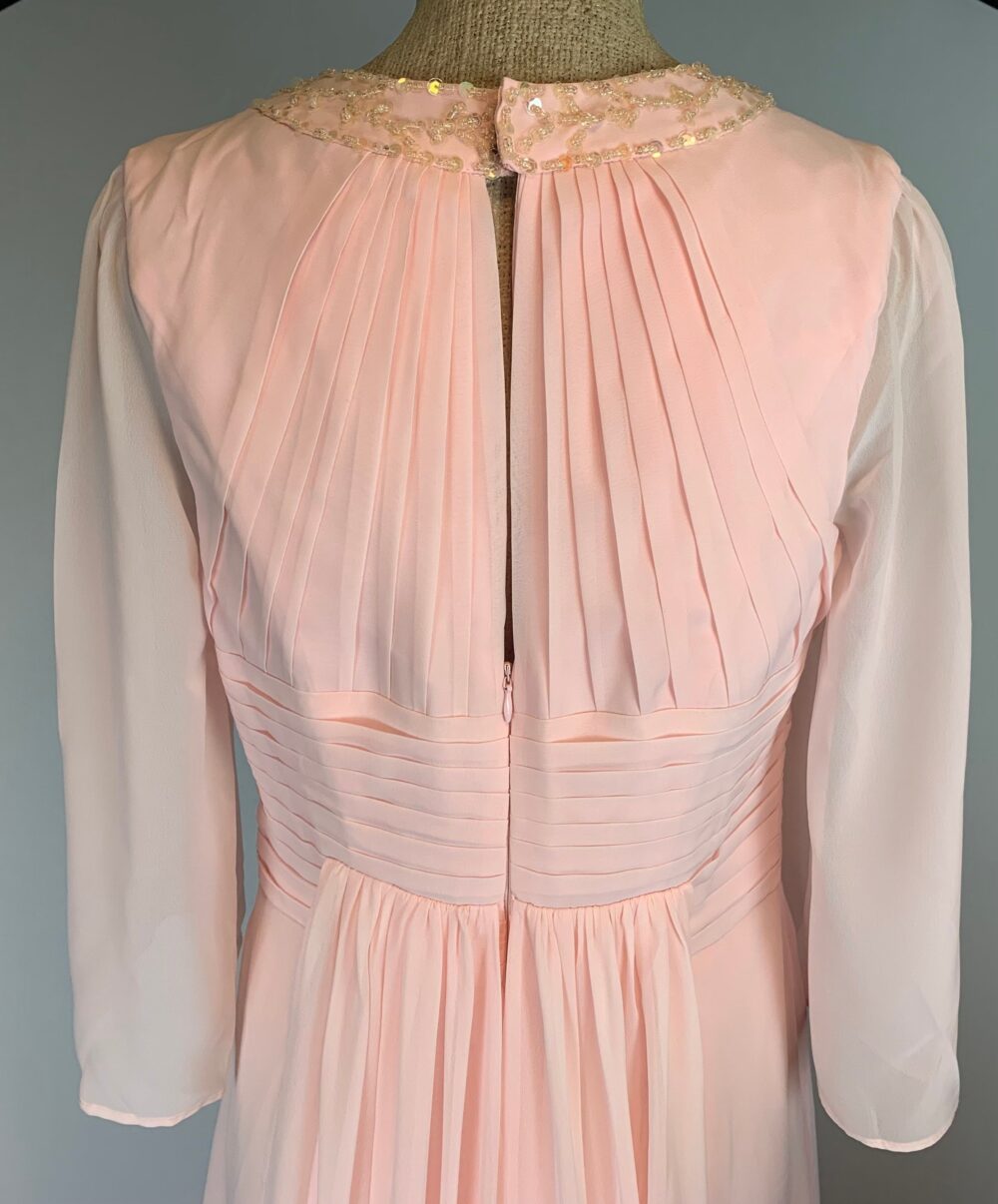 Vintage Pink Chiffon Wedding Gown Floral Lace Sequins, Size Small/Medium