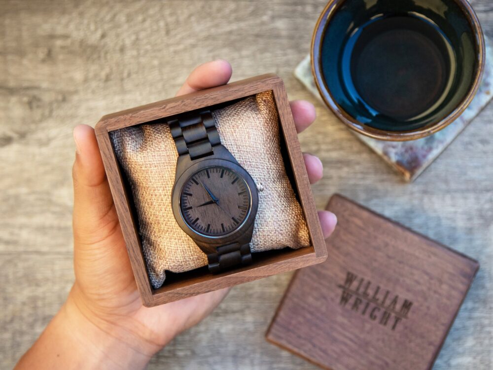 Engraved Wood Watch & Walnut Gift Box | Set - Mens Watch, Anniversary Wedding Day For Husband Groom Boyfriend Son Dad