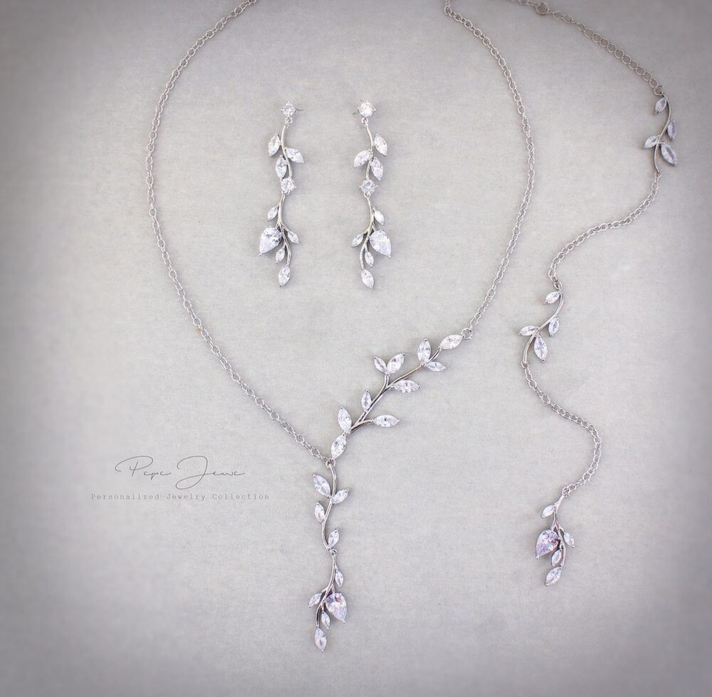 Vine Wedding Necklace Leaf Backdrop Necklace Zircon Bridal Jewelry Crystal Bridesmaid Earrings Gift Eva