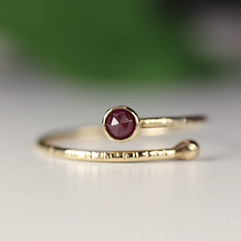 Ruby Ring 14K Solid Gold, July Birthstone Ring, Open Gold Textured Band Adjustable Minimalist Gemstone Gift For Mom