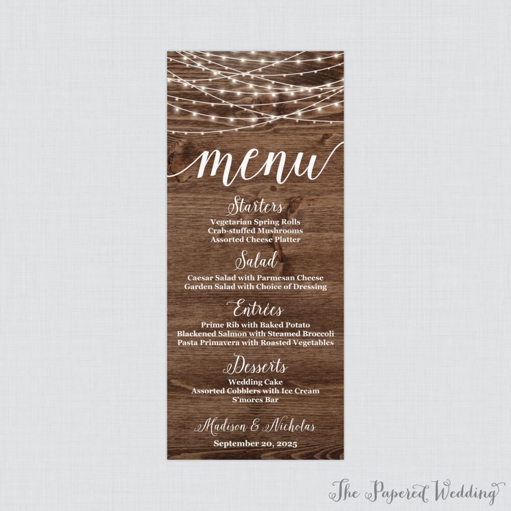 Printable Or Printed Rustic Wedding Menu Cards - Wood & String Lights For in 4 X 9 Size Country Barn 0036