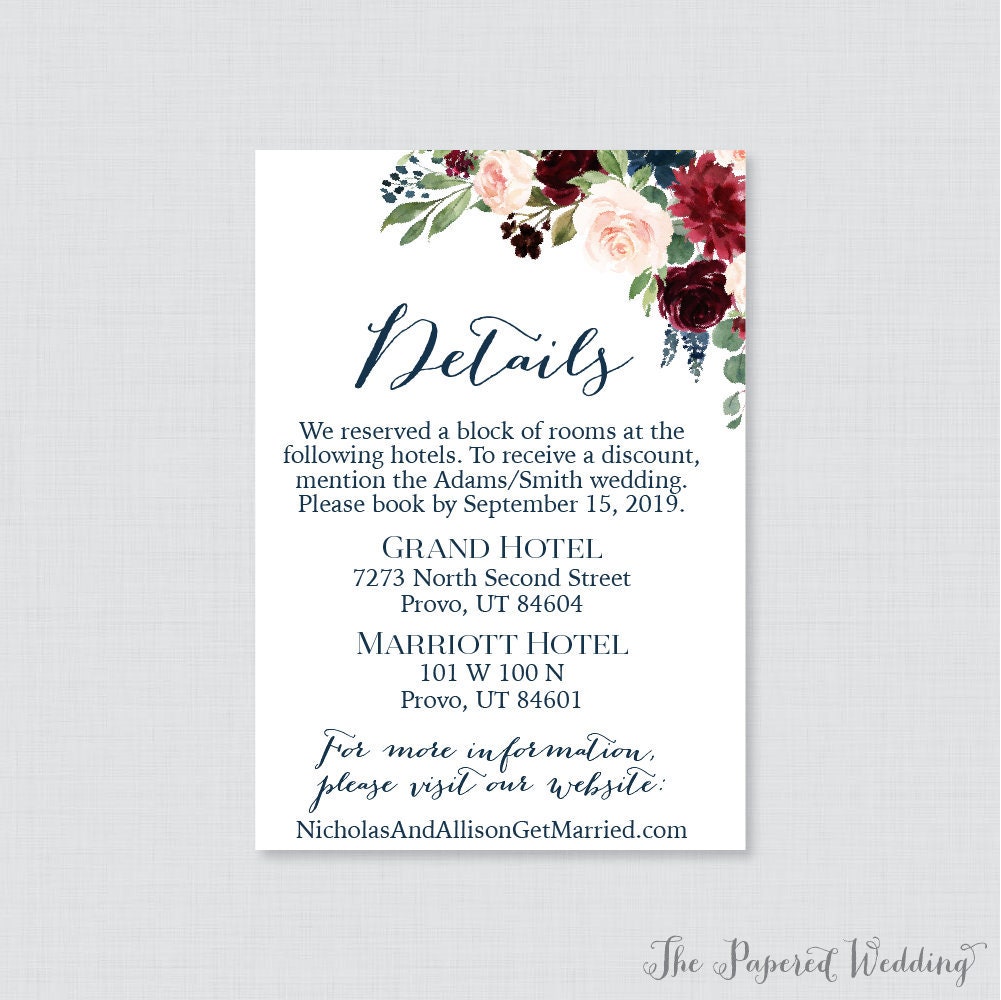 Printable Or Printed Wedding Details Cards - Navy Marsala Floral Inserts Pink Wine Flower Invitation Insert 0010