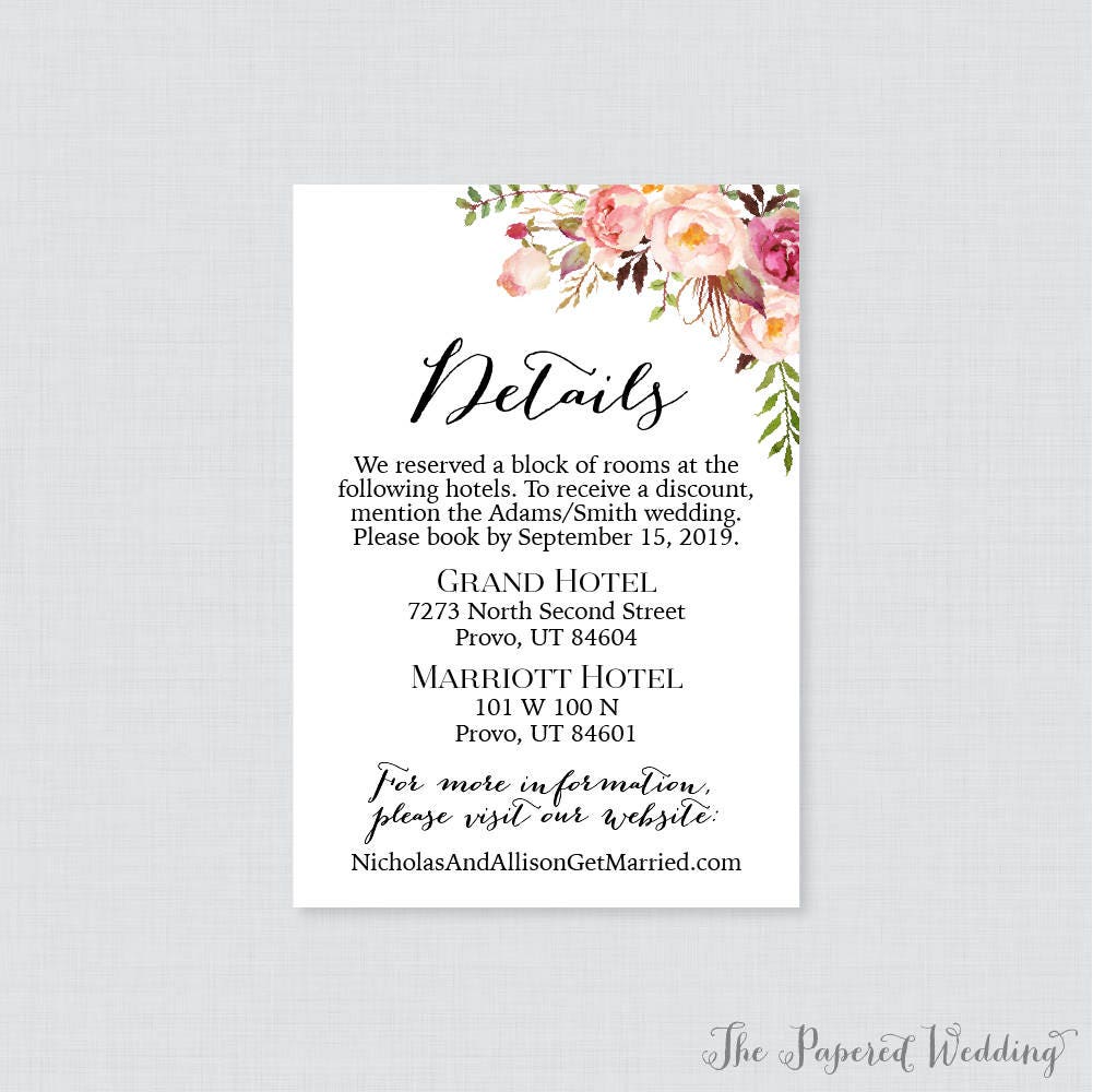 Printable Or Printed Wedding Details Cards - Pink Floral Inserts Rustic Flower Invitation Insert 0004