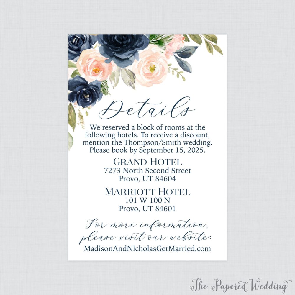 Printable Or Printed Wedding Details Cards - Navy & Pink Floral Inserts Flower Invitation Insert 0026