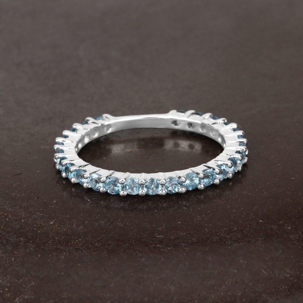Swiss Blue Topaz Ring, Natural Rounds Full Eternity Band Ring in .925 Sterling Silver, December Birthstone, Engagement